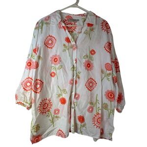 Orchadia Casuals XL Floral Button Down Shirt White Orange Pink 3/4 Sleeve